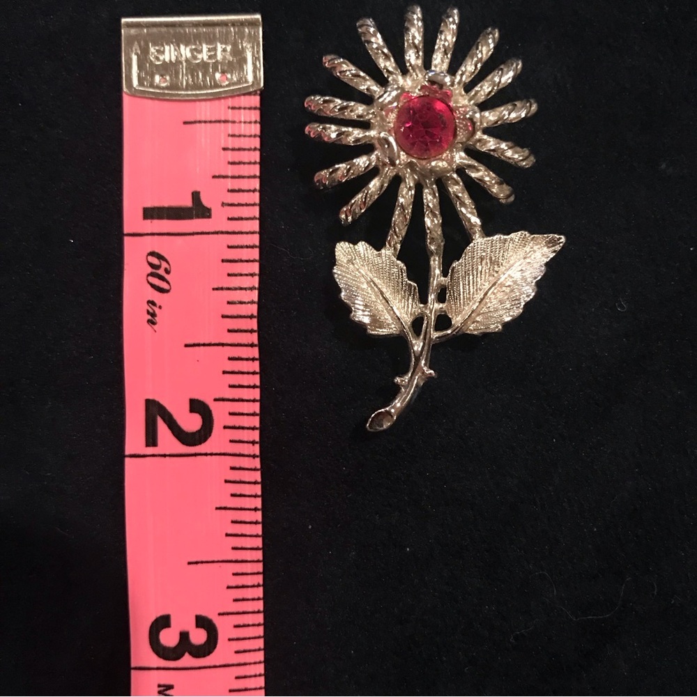 Vintage Signed Emmons Silver-Tone Flower Brooch w/ Pink Rhinestone Center